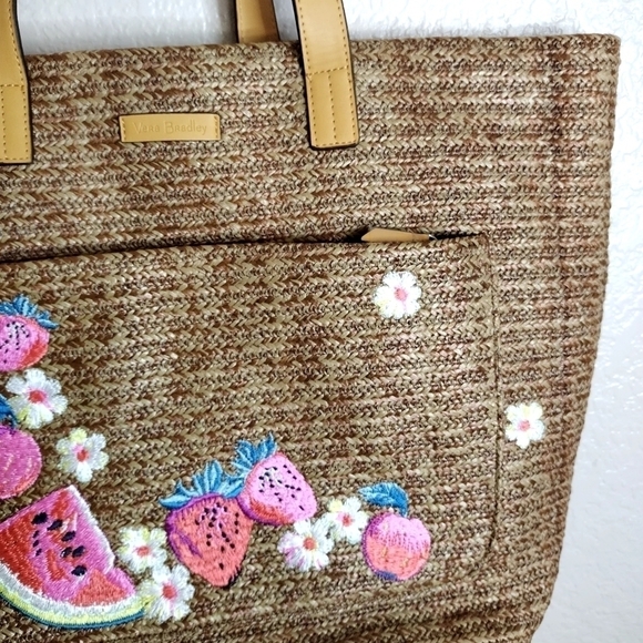 Vera Bradley Dark Brown With Fruit watermelon Front Pocket Straw Tote - Picture 3 of 7